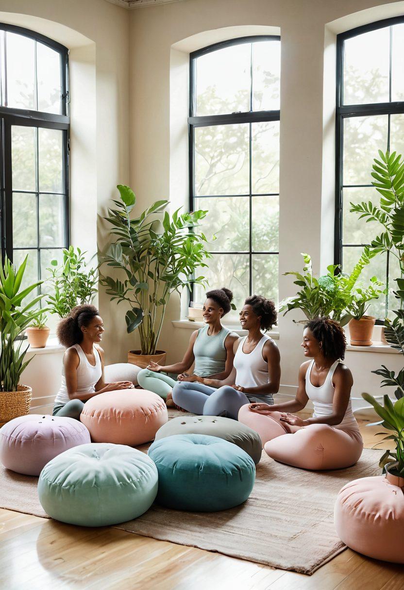 A serene room filled with soft cushions and calming colors, featuring a group of diverse people laughing together while engaging in suggestion therapy sessions. In the background, gentle light pours in through large windows, illuminating the joyful atmosphere. Incorporate elements of mindfulness, such as yoga mats and plants, to symbolize well-being and confidence. super-realistic. soft pastel colors. warm ambiance.