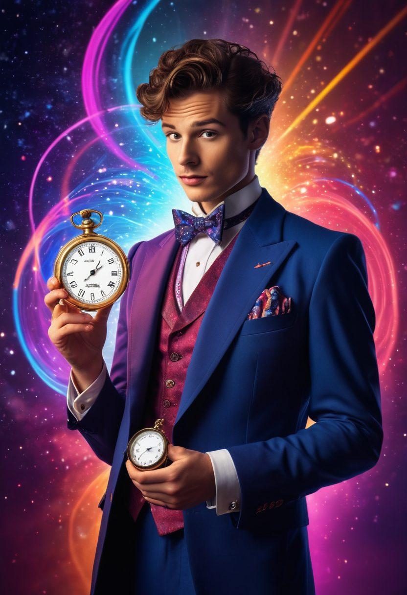 A whimsical scene of a mesmerist wearing a vintage suit, holding a shining pocket watch, surrounded by swirling colorful lights representing hypnotism. In the background, diverse people express awe as they witness mind-bending tricks, with stars and sparkles enhancing the excitement. Dreamy colors and fluid shapes flow harmoniously, inviting viewers into an ecstatic adventure. vibrant colors. 3D. surreal.