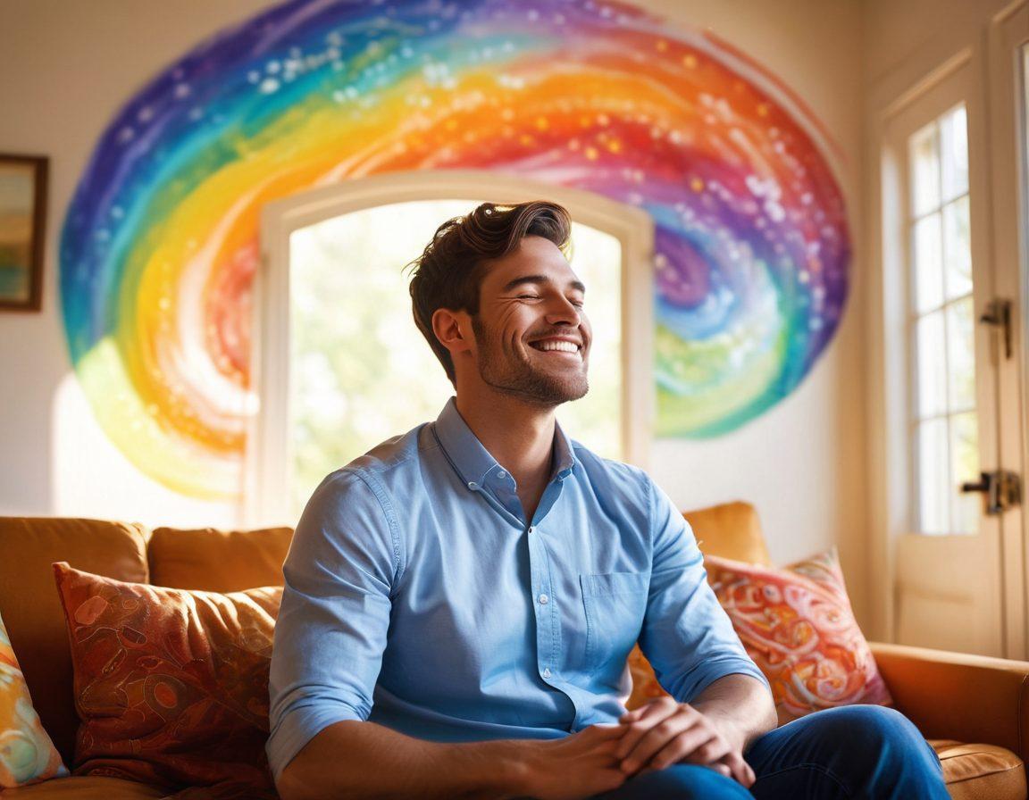 A serene scene depicting a heterosexual man sitting comfortably in a sunlit room, eyes closed and a gentle smile on his face, as colorful swirls of light emerge around him, symbolizing the transformative power of hypnotism. In the background, imagery of joyful adventures like nature hikes, travel, and laughter with friends subtly depicted. Include hints of vibrant energy and warmth in the color palette. super-realistic. vibrant colors. peaceful atmosphere.